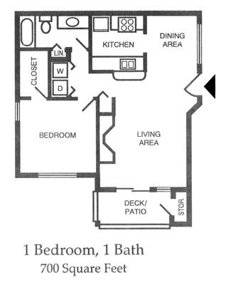 Floor plan for 1 bed, 1 bath, 700 sqft